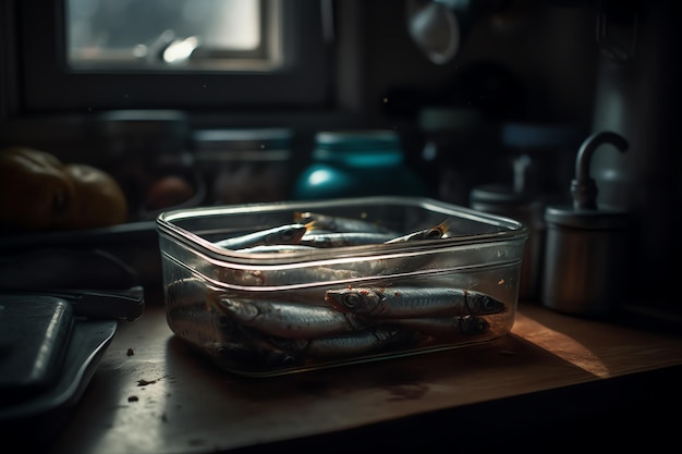 A glass dish of fish is on a counter with a jar of salt and a bottle of water.
