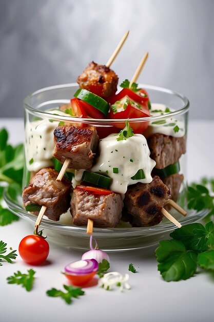 Photo glass dish of savory yogurt marinated kebabs with garnish