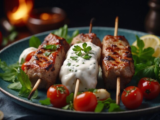 Photo glass dish of savory yogurt marinated kebabs with garnish