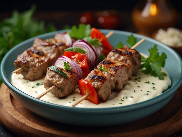 Glass dish of savory yogurt marinated kebabs with garnish