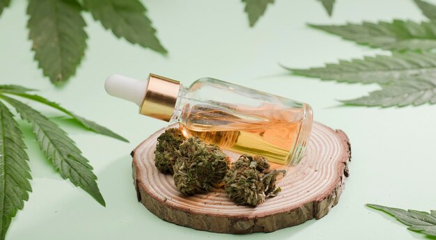 Glass dispenser bottle with extract marijuana oil with green cannabis buds and leaves green backgr