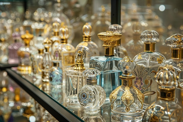 Photo a glass display case with gold and silver perfumes