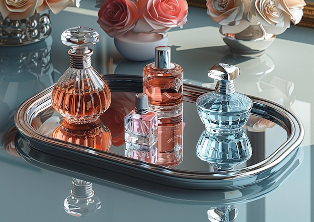 Photo a glass display of perfumes and perfumes on a table