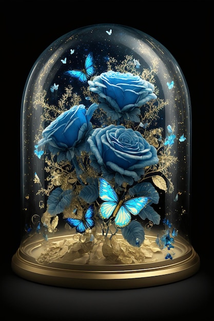 Glass dome filled with blue roses and butterflies generative ai