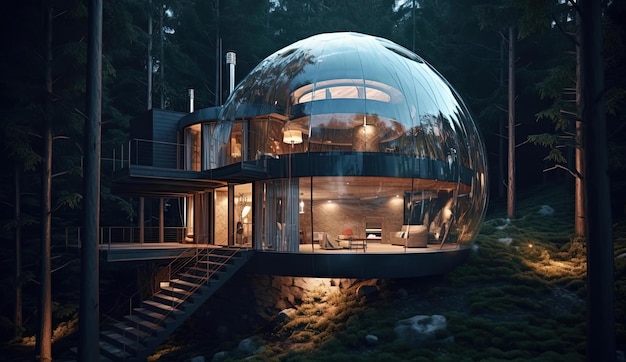 glass dome houses in woods at night