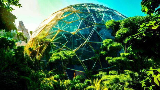 Glass dome in the middle of forest with lots of trees around it Generative AI