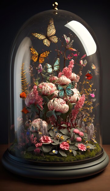 A glass dome with flowers and butterflies on it.