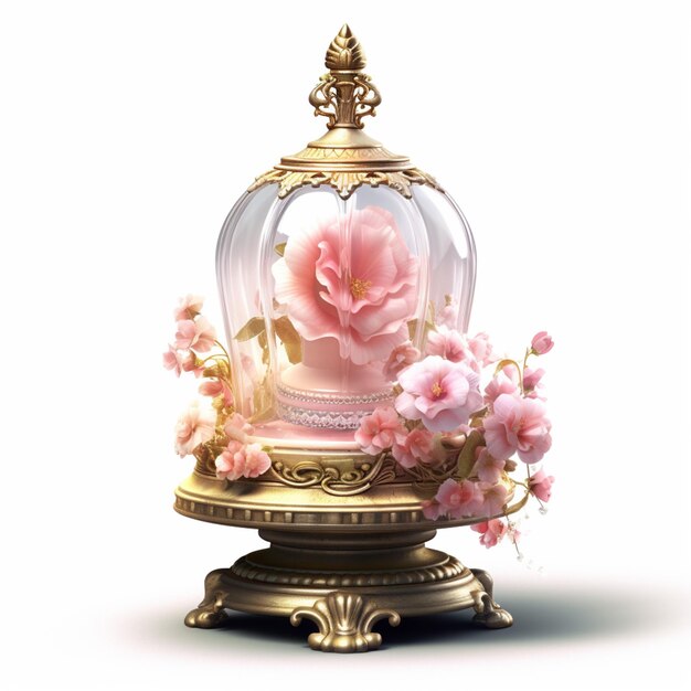A glass dome with a large pink flower in the middle.