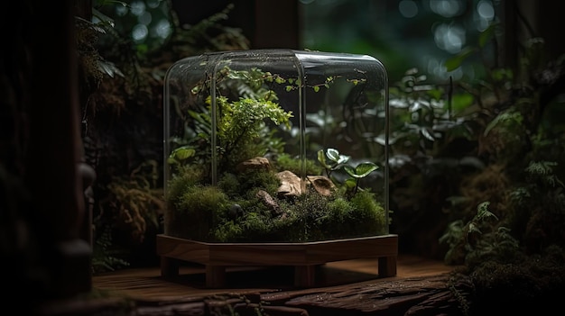 A glass dome with plants in it and a plant in the background