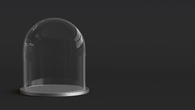 Glass dome with silver tray on dark background. 3D rendering.