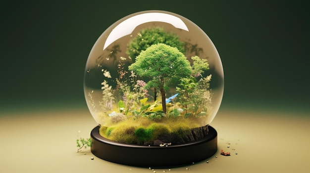 A glass dome with a tree inside.