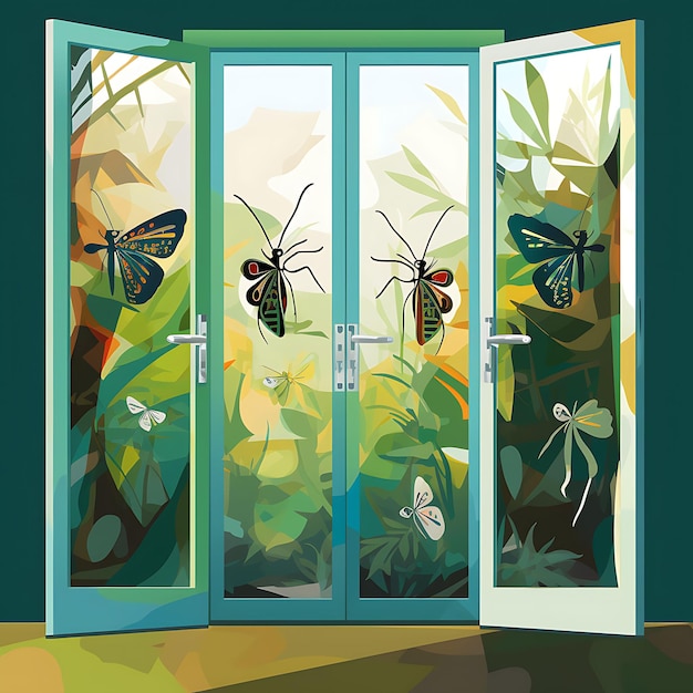 Glass door with beveled panes and insect silhouettes varying art concept ideas on white background