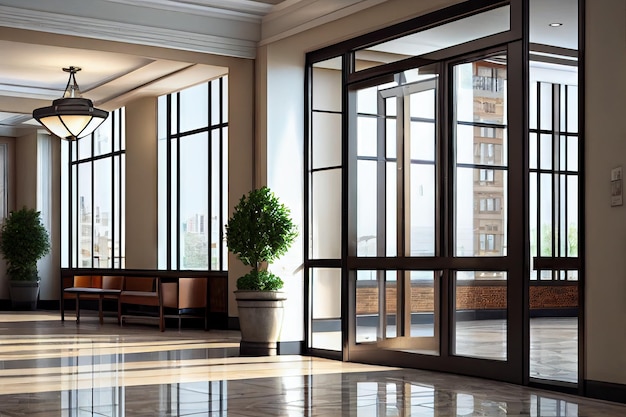 A glass door with a view of the inside lobby providing access to hotel or office building