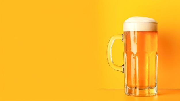 Glass of draft beer with foam on a yellow gold background banner with copy space made with Generative AI