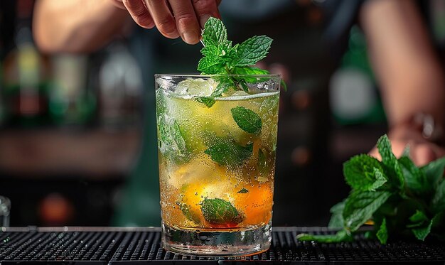 Foto un bicchiere di bevanda con ghiaccio e una bevanda con gelato e foglie di menta