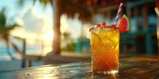 A glass of a drink with a slice of watermelon on top The drink is on a table outside near the ocean