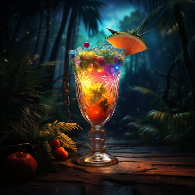 Glass of drink with tropical fruits in the background beautiful landscape in the middle of the fore