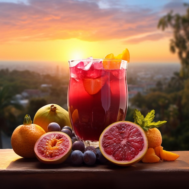 Glass of drink with tropical fruits in the background beautiful landscape and sunset