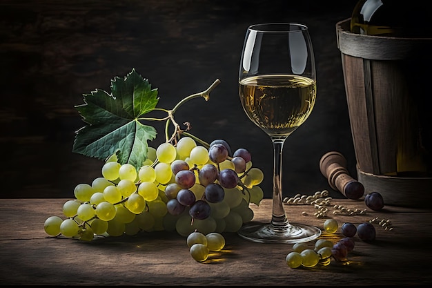 Стакан сухого белого вина, спелый виноград и стакан на столе в винограднике Сгенерирована нейронная сеть AI