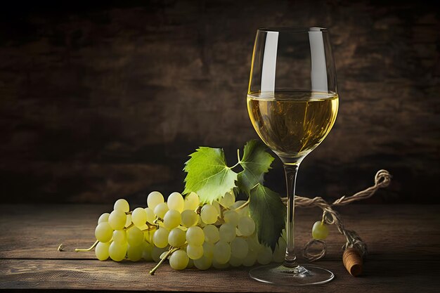 Glass of dry White wine ripe grapes and glass on table in vineyard Neural network AI generated