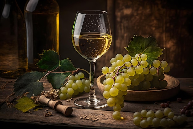 Стакан сухого белого вина, спелый виноград и стакан на столе в винограднике Сгенерирована нейронная сеть AI
