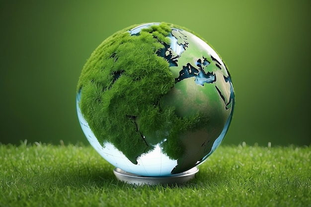 Photo glass earth globe on green grass background