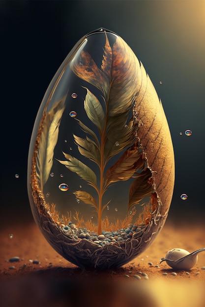 Glass egg with a plant inside of it generative ai