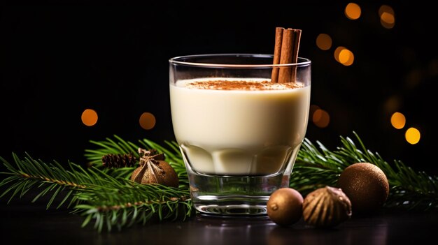 A glass of eggnog dusted with cinnamon sat beside wintery fir branches on a shadowy backdrop