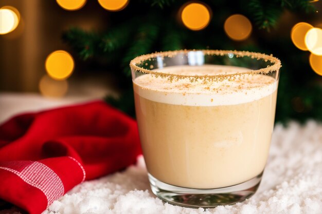 Photo a glass of eggnog with a red blanket in front of a christmas tree