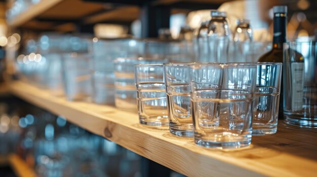 Glass elegant transparent cups stand in a row on the kitchen shelf