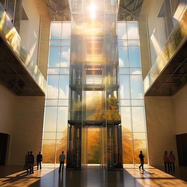 A glass elevator with a view of the trees on the left.