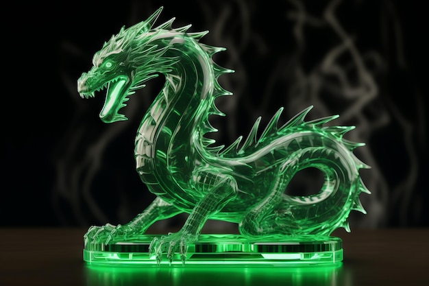 Photo glass emeraldgreen dragon on dark background