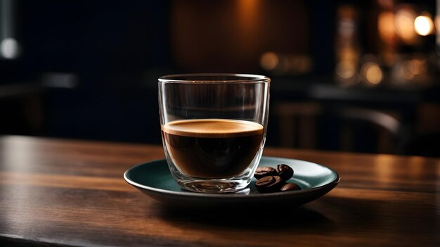 a glass of espresso coffee on a wooden table