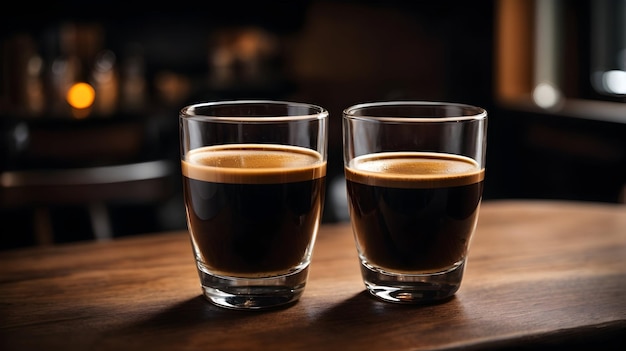 a glass of espresso coffee on a wooden table