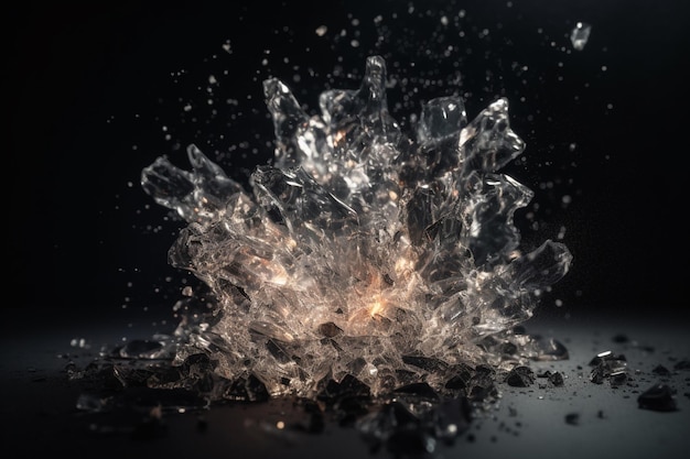 A glass explosion with a black background and the word fire on it