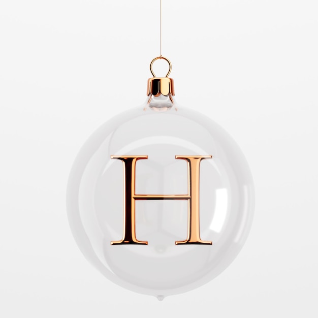 Photo glass festive christmas hanging baubles with gold letter h 3d rendering