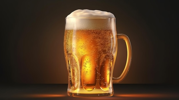 Glass filled of golden light beer with overflowing froth heads Generative ai