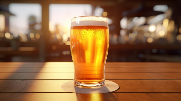 맥주로 가득 찬 컵은 튼튼한 나무 테이블에 놓여 있으며, 음료의 풍부한 호박색과 거품 같은 질감을 보여줍니다.