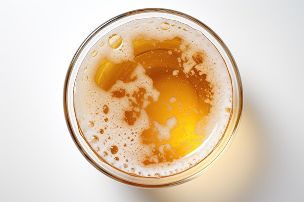 A glass filled with a beer placed alone on a white surface seen from above