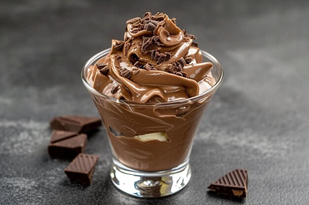 Glass filled with chocolate ice cream dessert