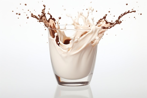 Glass Filled with Chocolate and Milk with a White Background Splash Generative AI