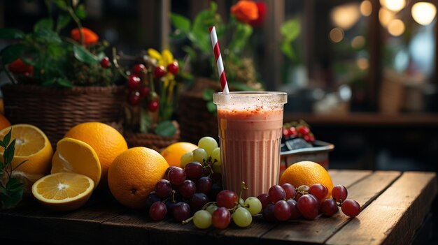 Glass Filled With Fruit Next to a Bunch of Flowers