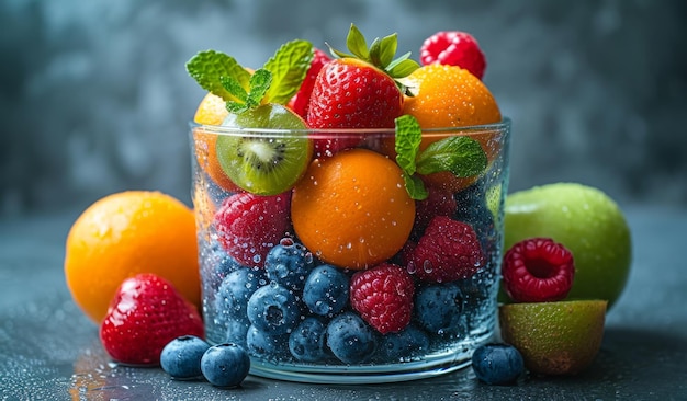 Склянка, наполненная фруктами на столе Свежая красочная сочная закуска Создание стакана, наполненного разнообразными свежими фруктами, сидящим на простом деревянном столе