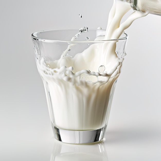 a glass filled with milk being poured into a glass