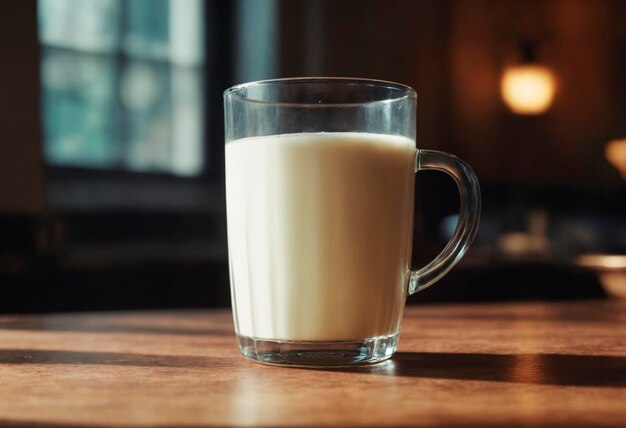 A glass filled with milk stands on a wooden table