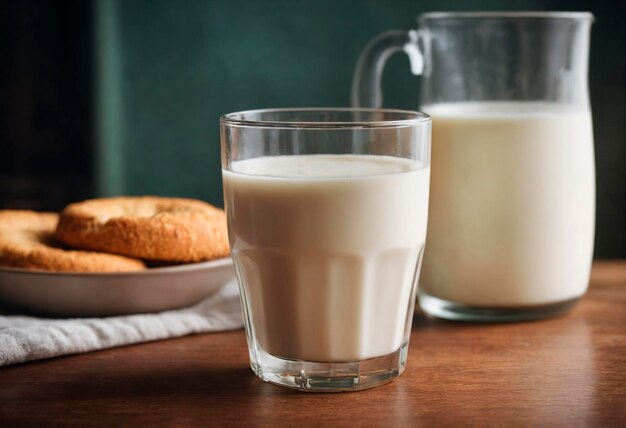 A glass filled with milk stands on a wooden table