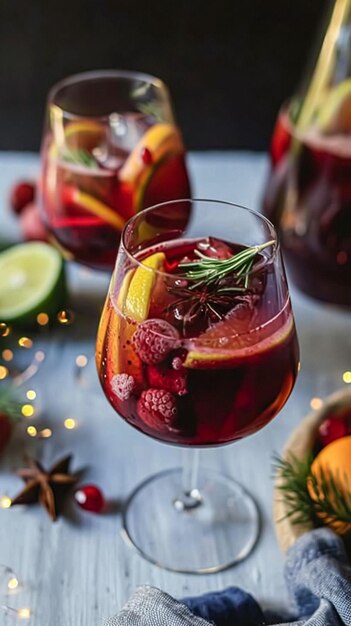 Photo glass filled with mulled wine adorned with fresh citrus and rosemary set against the backdrop of a twinkling christmas tree creating a festive and heartwarming holiday scene