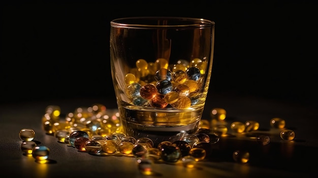 A glass filled with pills on a blurred background Generative AI