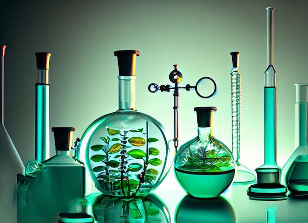 Glass flask in blue research chemistry science banner laboratory background