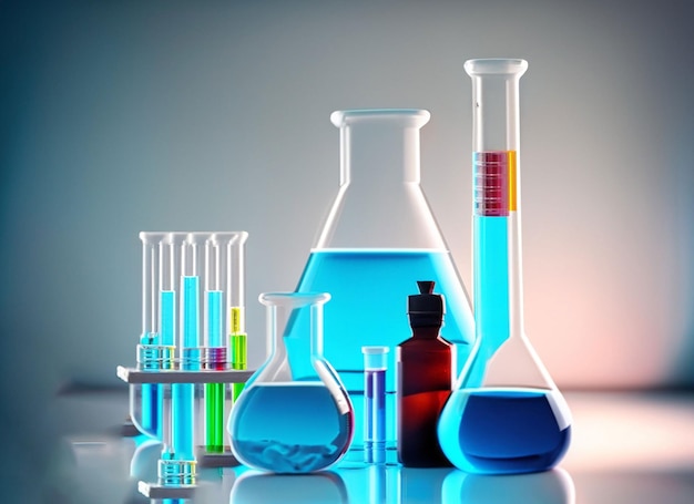 Glass flask in blue research chemistry science banner laboratory background